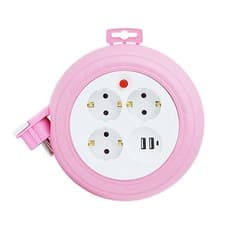 Lug box USB multi reel wire multi tap 3 sockets + USB 2 port pink