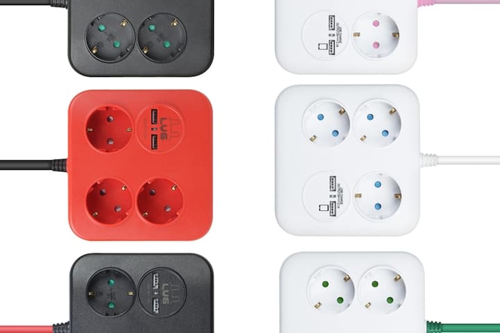 3 sockets USB 2 port square multi tap 6 colors