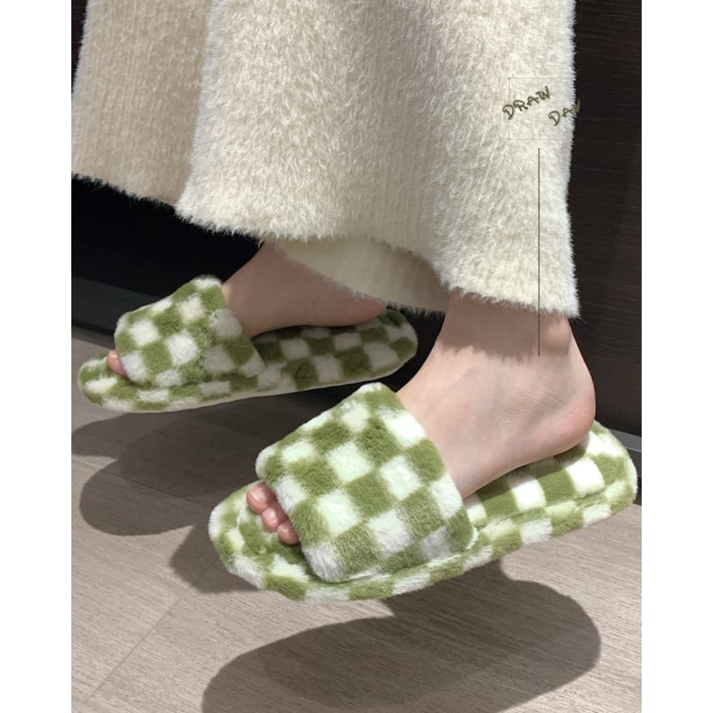 Drawday Checkerboard Hair Interior Slippers Winter Living Room Office Floor Noise Indoor Slippers